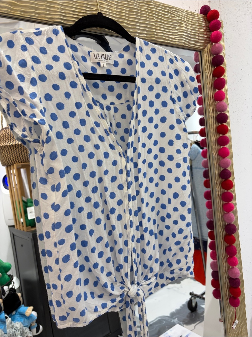 XIX Palms Girls' White & Blue Polka Dot Tie-Front Top